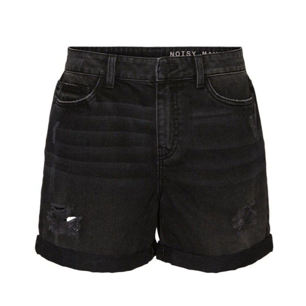 NEW NOISY MAY HIGH WAIST “NORMAL WAIST”DENIM MOM DISTRESSED SHORTS BLACK SIZE M